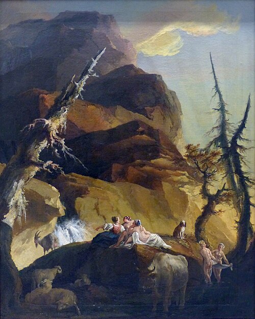 Baigneuses près d'une cascade en montagne, 1770, Caspar Wolf