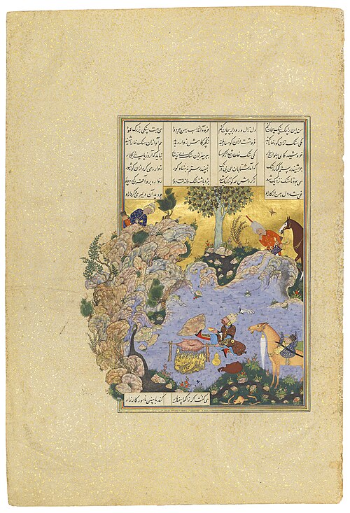 Rustam kicking away the boulder pushed by Bahman, 1530, Agha Mirek