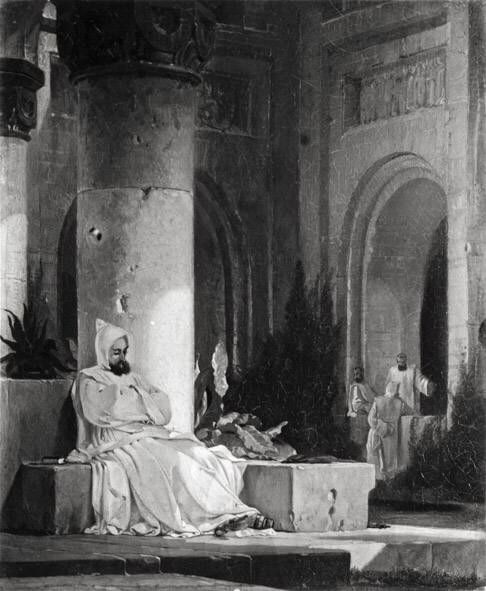 Klosterhof mit meditierendem Mönch, , August von Bayer