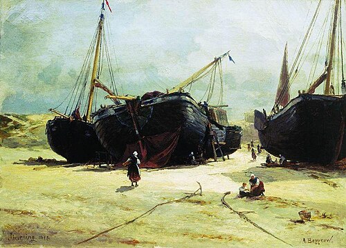 Scheveningen. Repair of fishing vessels, 1877, Aleksandr Karlovich Beggrov