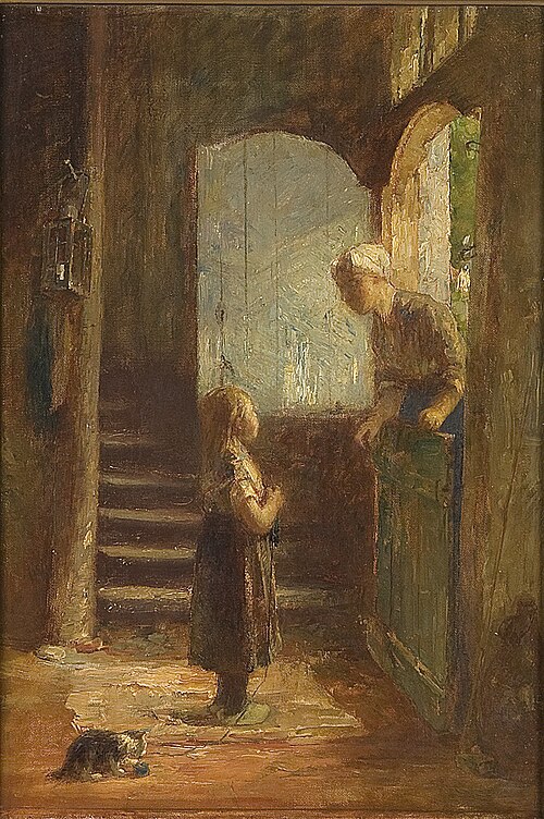 Interieur met meisje en een vrouw leunend over een onderdeur, 1896, Henricus Johannes Melis