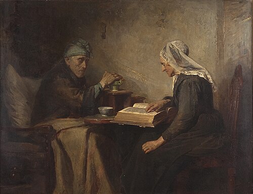 Interieur met oude man en een vrouw die de bijbel leest, 1879, Henricus Johannes Melis