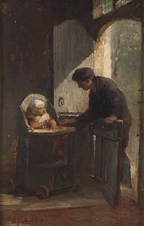 Interieur met man en een kind in een kinderstoel, 1899, Henricus Johannes Melis
