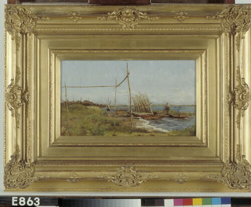 Een palissade met visnetten bij een meer, 1868, Henricus Johannes Melis