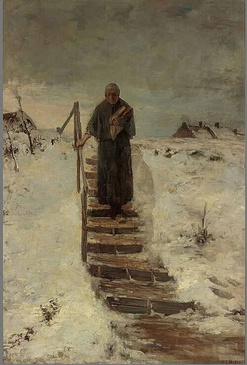 Scene in Winter, Old Woman in the Snow, 1900, Henricus Johannes Melis