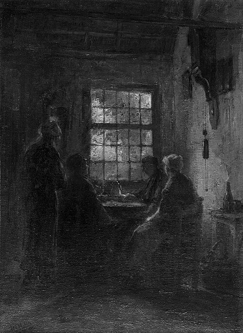 Boereninterieur met koffiedrinkers, 1900, Henricus Johannes Melis