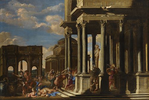 An Architectural Capriccio with a Bacchanalian Procession., 1650, Giovanni Benedetto Castiglione