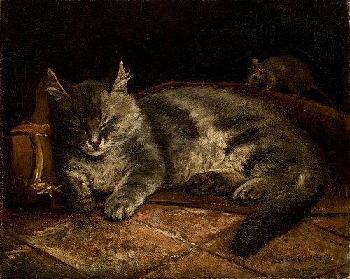 En sofvande grå katt och en råtta, 1864, Adolf von Becker