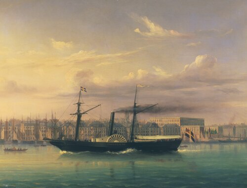 Hjulångfartyget NORRLAND på Stockholms ström med Skeppsbron och Slottet i bakgrunden., 1855, Per Wilhelm Cedergren