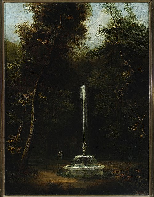 Le Parc des Bains Royaux avec une fontaine., 1790, Kazimierz Wojniakowski