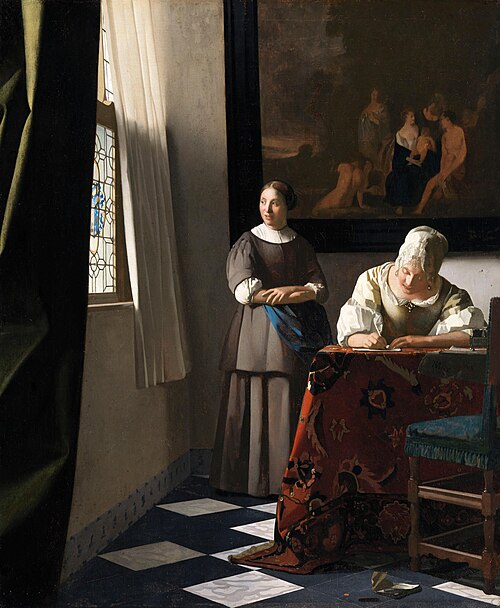 Femme écrivant une lettre et sa servante, 1670, Johannes Vermeer