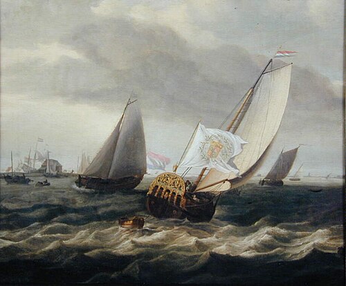 Het bezaanjacht Bezan van de Engelse koning Karel II zeilend op het IJ, 1661, 1661, Barent Cornelisz. Kleeneknecht