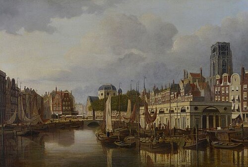 Stadsgezicht Rotterdam met Steiger, Kolk, Grotemarkt met standbeeld van Erasmus en Laurenskerk, 1880, Franciscus Lodewijk van Gulik
