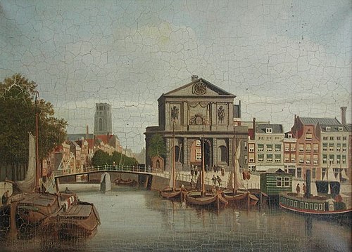 Stadsgezicht, gezien vanaf de Schie (Hofplein), met in het midden de Delftse Poort, , Franciscus Lodewijk van Gulik