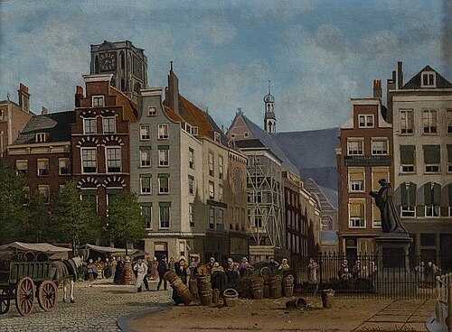 Gezicht op de Grotemarkt met standbeeld van Erasmus, , Franciscus Lodewijk van Gulik