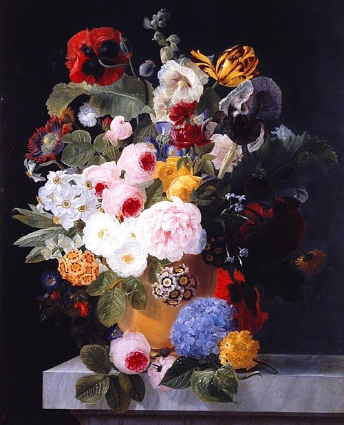 Bouquet de fleurs sur une table en marbre, 1822, Jean-Georges Hirn