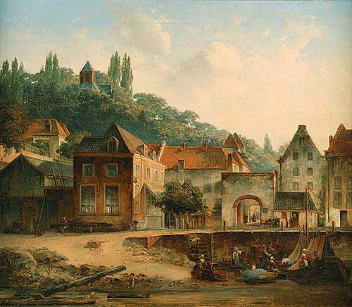 Gezicht op Waalkade met Veerpoort, 1853, Peter Martinus Post