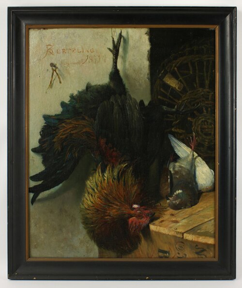 Stilleven met dode haan en duif op kist, 1871, Bartus Korteling