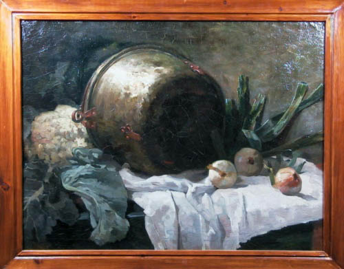 Stilleven met koperen pan, uien en bloemkool., 1900, Bartus Korteling