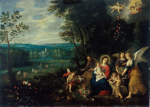 Landscape with the Holy Family, child John the Baptist, and angels, 1650, Andries Snellinck