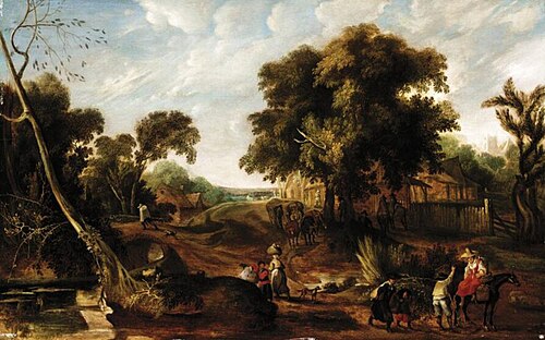 Extensive landscape with many figures passing through a village, 1625, Pieter van der Hulst (II)