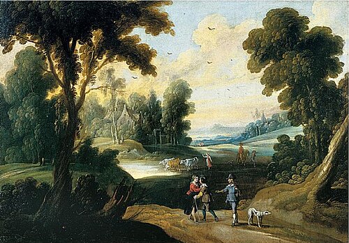 Landscape with travelers on a path and a herd of cows in the distance, 1630, Pieter van der Hulst (II)