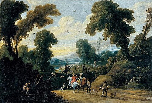 Landscape with hunters on a path, 1630, Pieter van der Hulst (II)