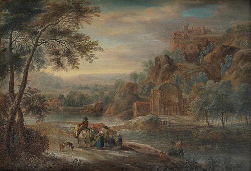 Mountainous river landscape with figures on a path, 1750, Andreas Martin