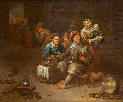 Peasants drinking and smoking with a pig eating the food scraps, 1660, Adriaen Rombouts