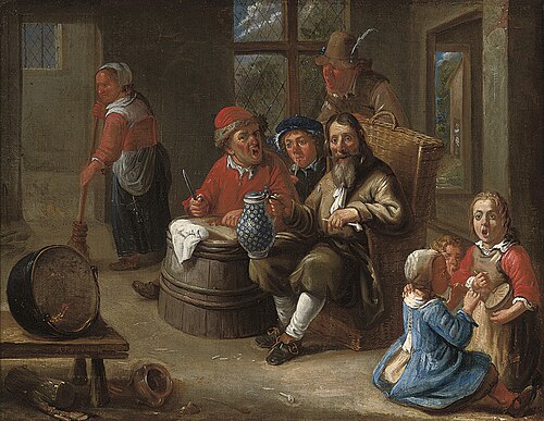 Peasants smoking and drinking with children making music and an old woman in an interior, 1650, Adriaen Rombouts