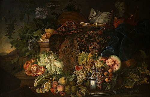 Still Life with Fruit, Vegetables and Musical Instruments, 1695, Maximilian Pfeiler