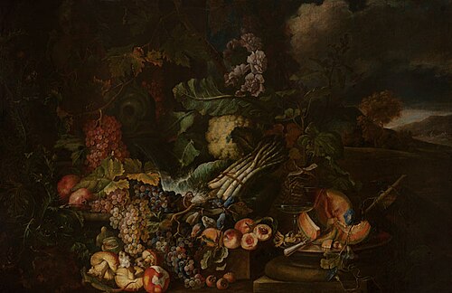 Still Life with Fruit, Vegetables and Fountain, 1695, Maximilian Pfeiler