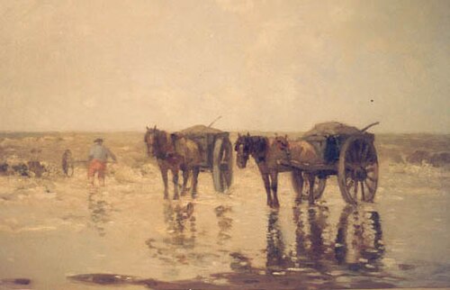 Schelpvisser met twee paarden en wagens op het strand te Scheveningen, , Herman Bogman