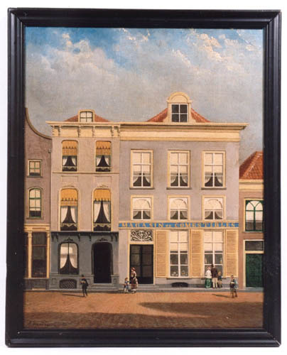 De winkel van Raland in de Lange Bisschopstraat16 (links) en 14 met opschrift Magasin de Comestibles, 1882, Arnoldus Antonius Christianus van 't Zant