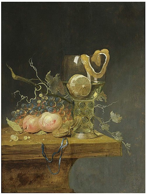 A roemer filled with wine and a lemon on a wooden table, with peaches, grapes, and a watch, 1650, Gerard van Berleborch