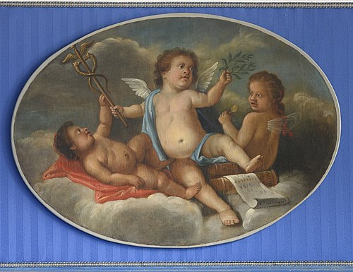 Ovaal met drie putti op wolken, één daarvan met staf en palmtak en de derde met een lolly in de hand, 1758, Guillaume Pierre Mensaert