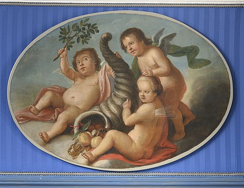 Ovaal met drie putti rond hoorn des overvloeds, één met palmtak, 1758, Guillaume Pierre Mensaert