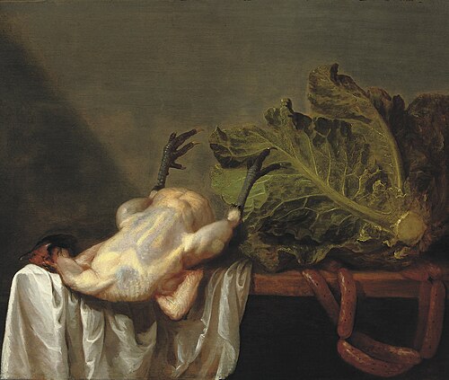 A plucked chicken, cabbage and sausages on a partially draped table, 1650, Carel Hardy
