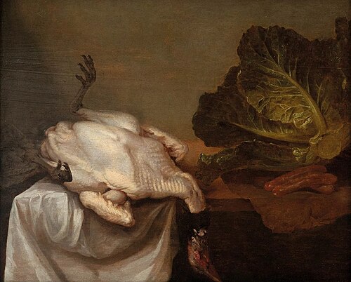 Still life with a turkey, a green cabbage and sausages on a tablecloth, 1650, Carel Hardy