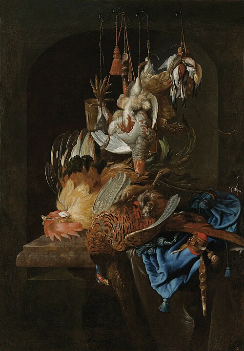 Hunting trophies against a background of a wall niche., 1650, Matheus Bloem