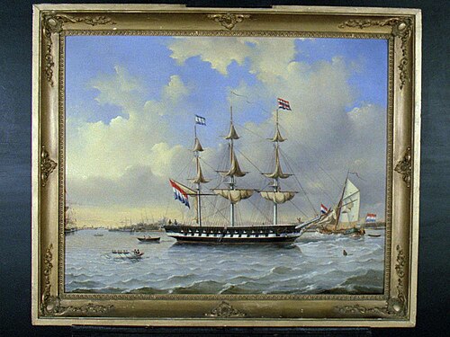 Het koopvaardijfregat 'Baron van der Capellen' voor anker liggend op de Maas te Rotterdam, 1827, Jacob Spin