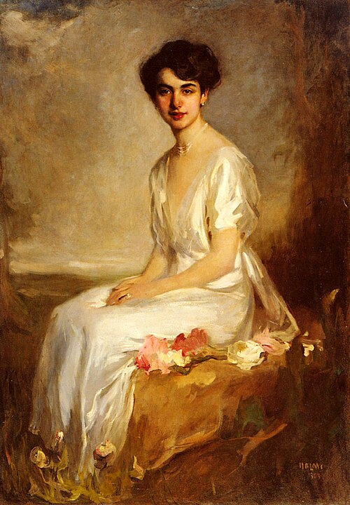 Portrait of an Elegant Young Woman in a White Dress, 1909, Artúr Lajos Halmi