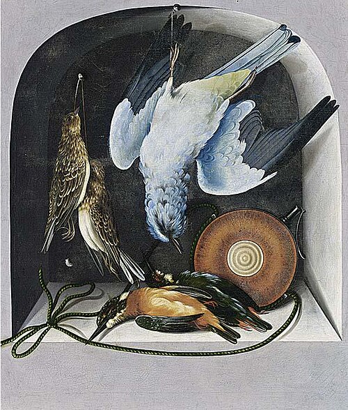 Trompe l'oeil with a hunting still life of birds and a flacon in a niche, 1680, Cornelis Biltius