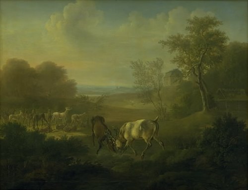 Hjorte i Dyrehaven, i baggrunden Eremitagen, 1823, Christian David Gebauer