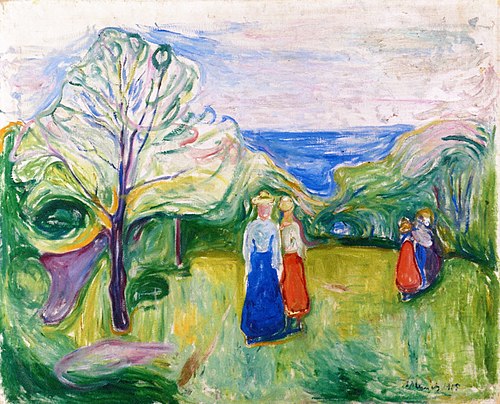 Cherry Tree in Blossom and Young Girls in the Garden, 1905, Edvard Munch