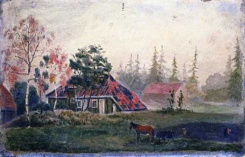 Cheval et Wagon devant les bâtiments Farm, 1880, Edvard Munch