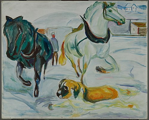 Groupe de chevaux et Saint-Bernard dans la neige, 1923, Edvard Munch