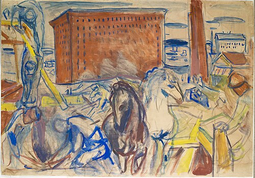 Groupe de chevaux sur un site de construction, 1928, Edvard Munch
