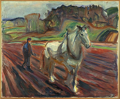 Homme labourant avec un cheval blanc, 1919, Edvard Munch