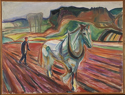 Homme labourant avec un cheval blanc, 1919, Edvard Munch